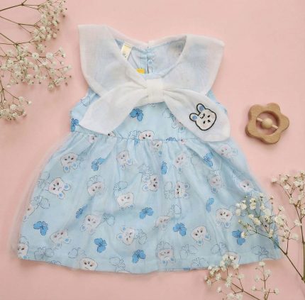 Cute Blue Bunny Sleeveless Party Dress - Tulle Frock with Big Bow