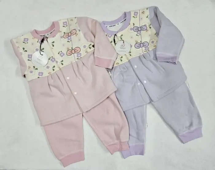Light-Winter-Frock-set.jpeg Floral Bow Light Winter Frock Set - Thermal Shirt & Pant for Baby Girls - Image 1